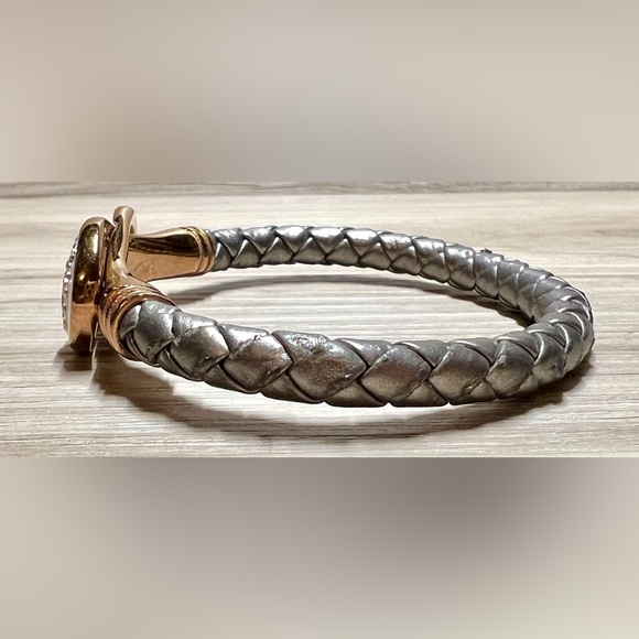 Silver Colored Leather Pave Crystal Cobra Wrap Gray Leather Bracelet, Magnetic - Picture 2 of 6
